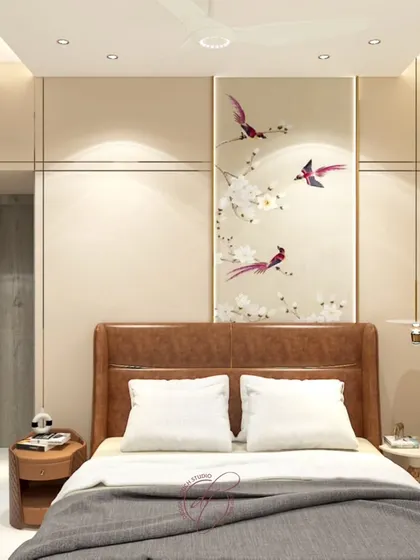 A close-up of the bed and the beautiful wall panel with bird art. This level of detail in our renders helps clients visualize the final look and feel of their personal sanctuary.