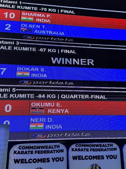 The scoreboard tells the story. My son Pranay Sharma wins the final of the -75 Kg Male Kumite at the Commonwealth Championship with a dominant score of 10-2 against Australia.