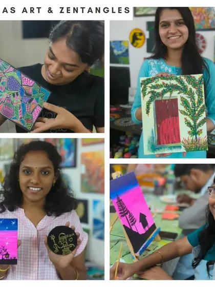 A collage showing participants creating beautiful canvas art and zentangles.