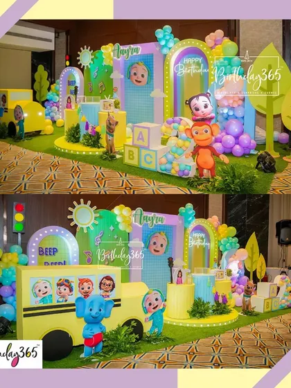 A duplicate of image 19, showing the full, colorful Cocomelon party setup.