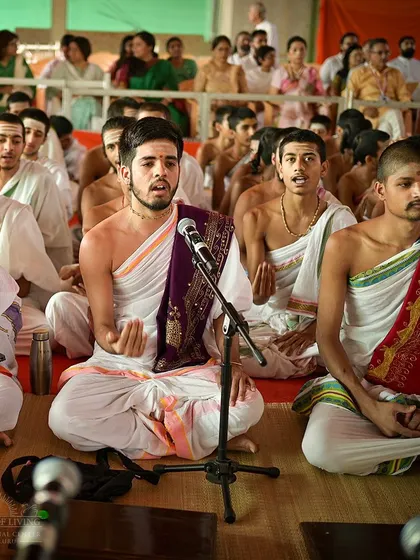Young pandits from our Veda Agama Samskrutha Maha Patashala chant with devotion during a Rama Tarak Homa. We are dedicated to preserving these ancient traditions by training new generations in Vedic knowledge.