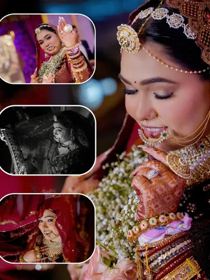 A collage of the bride's portraits, capturing her joy and the intricate details of her wedding look.