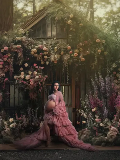 A mother-to-be in her own secret garden. For this fine art maternity portrait, we created an entire world of florals and soft light right in the studio, crafting a scene that feels like it's straight out of a fairytale.