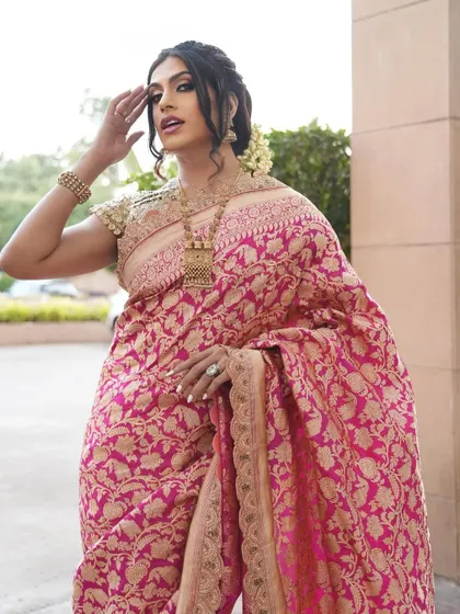 The gorgeous Sushant Divgikr in a traditional saree look. I created a classic, elegant makeup style with a defined eye and a soft pink lip to complement the beautiful Banarasi saree.