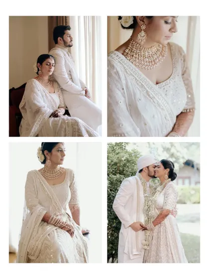 A collage of Jui's bridal look, featuring portraits with her groom, Vi. The all-white theme is elegant, serene, and timeless.