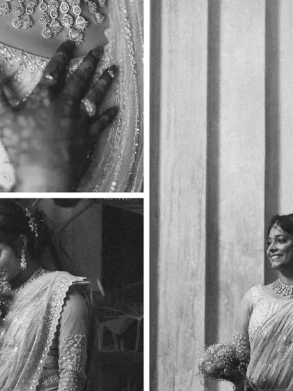 A black and white collage of a bride on her reception day. The images capture her elegant saree, a quiet moment with her bouquet, and her happy smile, showcasing a different, more contemporary bridal look.