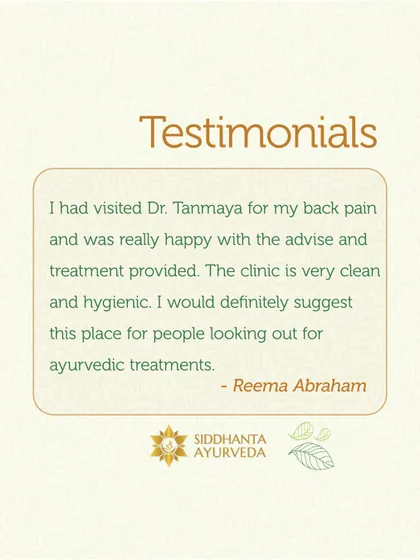 Reema Abraham highlights her happiness with the advice and treatment for her back pain, emphasizing the clean and hygienic environment of the clinic, which is a cornerstone of my practice.