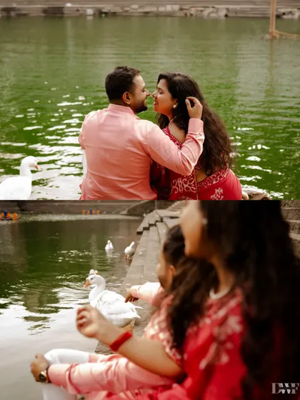 A romantic moment by the water, surrounded by ducks. The natural setting and the couple's gentle interaction create a peaceful and lovely scene.