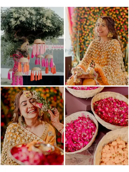 A collage of the vibrant decor and happy moments from the Kashmiri mehendi, filled with colorful tassels and baskets of flower petals.