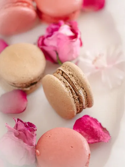 An alternate composition of the macarons and rose petals, offering a different perspective on the dreamy flatlay.