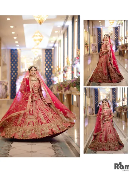 A dynamic collage of the bride twirling in her grand lehenga in a beautifully lit corridor, capturing the movement and splendor of her outfit.