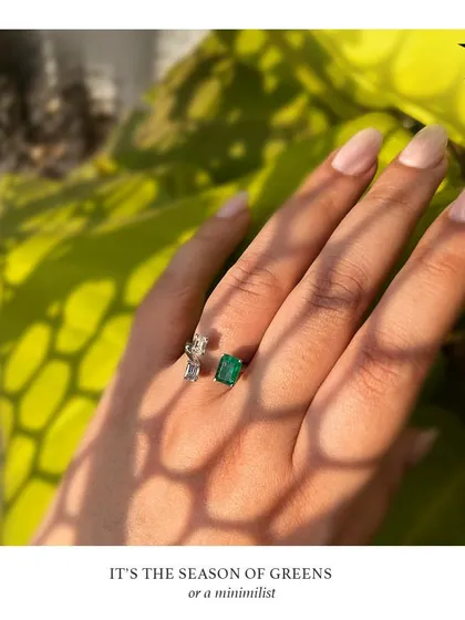 For the minimalist who still loves a touch of color, this open emerald and diamond ring is the perfect choice. It is a subtle yet trendy way to wear your greens this season.