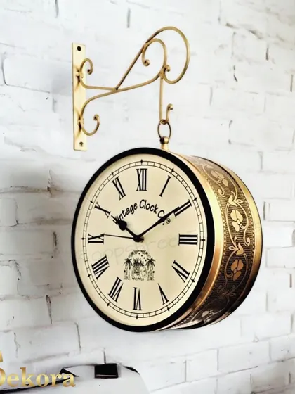 A detailed shot of the brass finish and embossed patterns on our Victoria station clock.