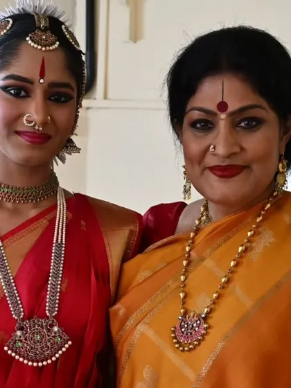 A portrait of pride and accomplishment. Standing with my shishya Anvita Jain after her successful arangetram is a moment of immense joy for me as a guru. It reflects the beautiful outcome of our shared hard work and dedication.