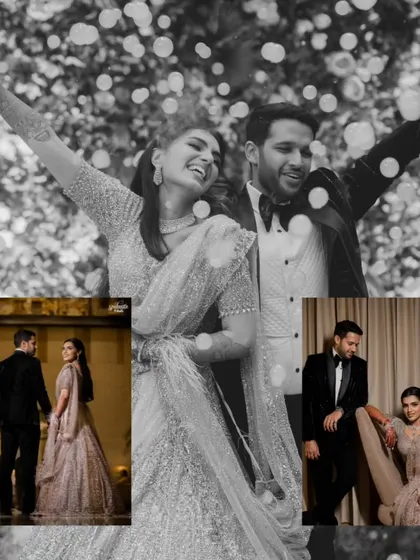 A creative black and white collage from a reception. The overlay effect adds a dreamy, celebratory feel, capturing the magic of the night.