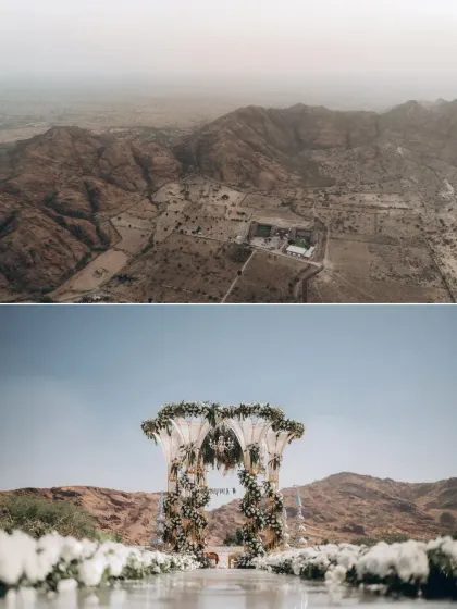 The top half of this image is a drone shot showing the wedding venue set against a vast, mountainous desert landscape, highlighting the epic scale of this destination wedding.