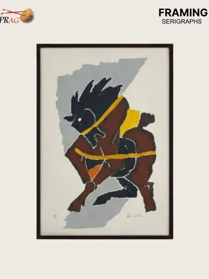 This M.F. Husain serigraph is housed in a simple, elegant frame that allows the powerful artwork to take center stage.