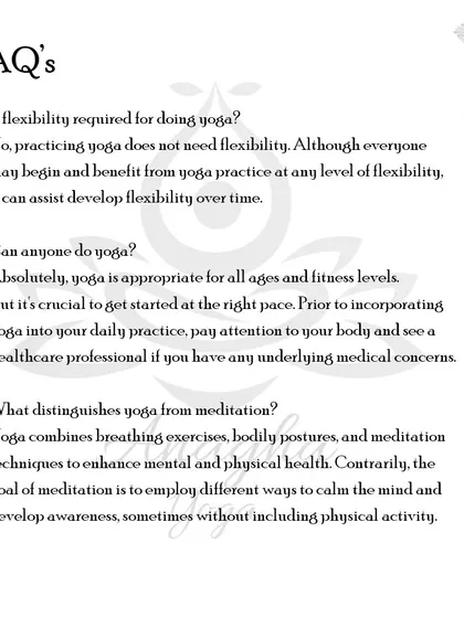 Do I need to be flexible to do yoga? No, you don't. This section clarifies that anyone can do yoga and explains the difference between yoga and meditation.