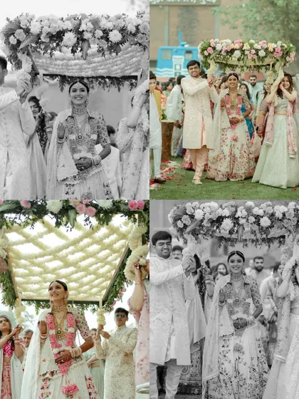 A collage capturing the bride's beautiful entry under a 'phoolon ki chadar' made of jasmine flowers. The mix of color and black and white photos adds a timeless feel to this tradition.
