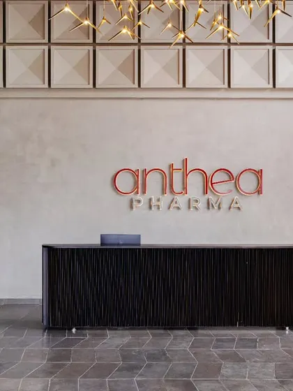 The main entrance of Anthea Pharma, showcasing the fusion of modern functionality with an organic, chic-industrial aesthetic. The design aimed to create a balanced contrast between warm and industrial elements.