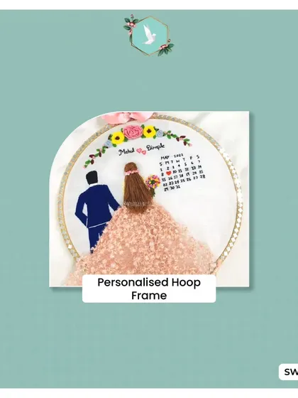 For a truly personal wedding or anniversary gift, I create custom embroidered hoops. I stitch a portrait of the couple, their names, and highlight their special date on a mini calendar, even using 3D elements like tulle for the bride's dress to make it pop.