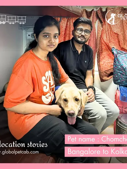 Chomchom the Labrador with his family, settling in for their train journey from Bangalore to Kolkata. We help make moving day less stressful by taking care of your pet's travel.