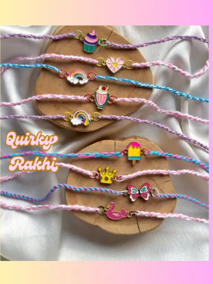 Our collection of quirky kids' Rakhis includes fun designs like rainbows, crowns, butterflies, and ice cream cones.