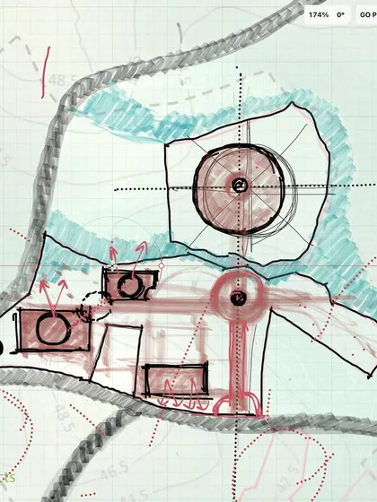 A very early site plan sketch for the DDIBU campus. This is where the process begins, by studying the site's contours, water flow, and potential to derive a design language that resonates with Buddhism.