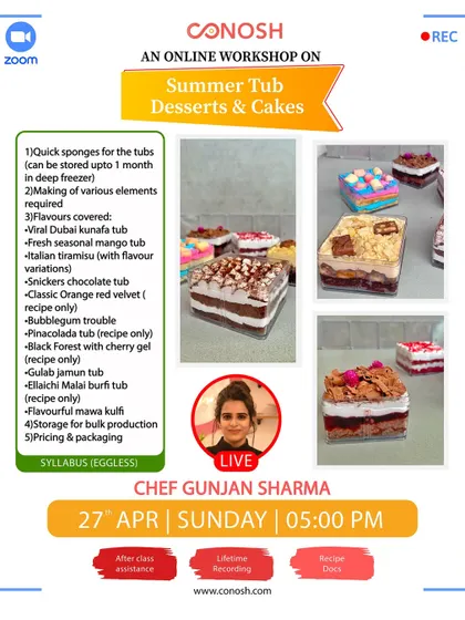 Perfect for summer, this workshop on tub desserts and cakes covers a range of eggless recipes. Learn to make a viral Dubai kunafa tub, fresh seasonal mango tub, and even a Gulab Jamun tub.