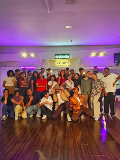 The stylish group from the Som x Theertha collab class, looking fresh after their funky routine.