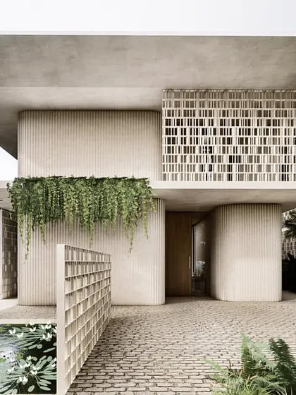 The entrance to a Pavilion home, featuring a large, cantilevered roof and perforated screen walls. The design creates a powerful sense of arrival while maintaining a feeling of lightness and transparency.