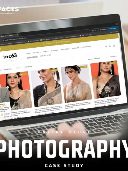 The laptop screen shows the category page of a jewellery website, populated with our on-model photos.