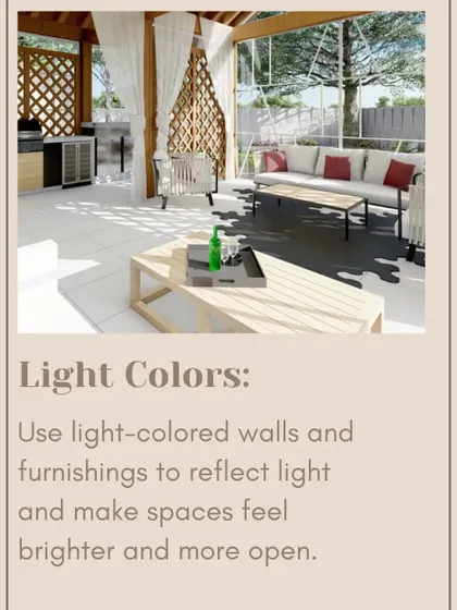 Using light colored walls and furnishings is another key strategy. These surfaces reflect light, making spaces feel brighter and more open, as seen in this airy outdoor gazebo.