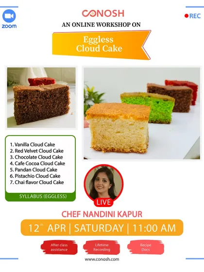 Learn to bake light and airy Eggless Cloud Cakes in a variety of flavors. This workshop covers everything from Vanilla and Red Velvet to unique options like Pandan and Chai flavor.