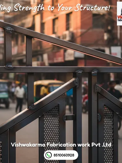 A close-up view of the welding strength in one of my gate structures. I use techniques that create strong joints and incorporate design elements like perforated metal sheets for a modern, industrial look.