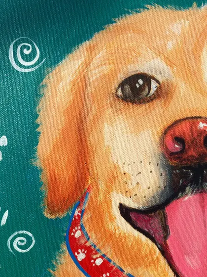 A detailed close-up of Nutty's face from the pet portrait. I focused on capturing the light in his eyes and his happy, panting expression.
