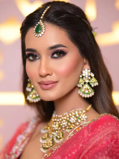 A close-up of the regal pink bridal look. The smokey eye is soft yet defined, and the skin has a beautiful, healthy glow.