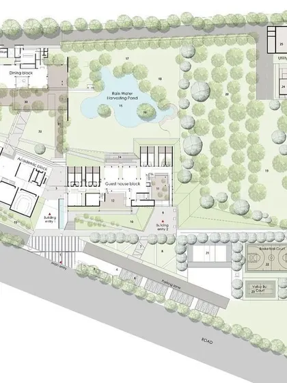 The master plan for the DRL Leadership Academy, showing the north-south orientation of buildings around large green spaces and a water retention pond to achieve a LEED platinum rating.