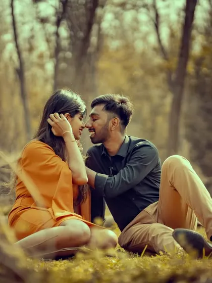 An intimate moment in a sun-dappled forest. We use natural light and surroundings to frame tender interactions during your pre-wedding session.