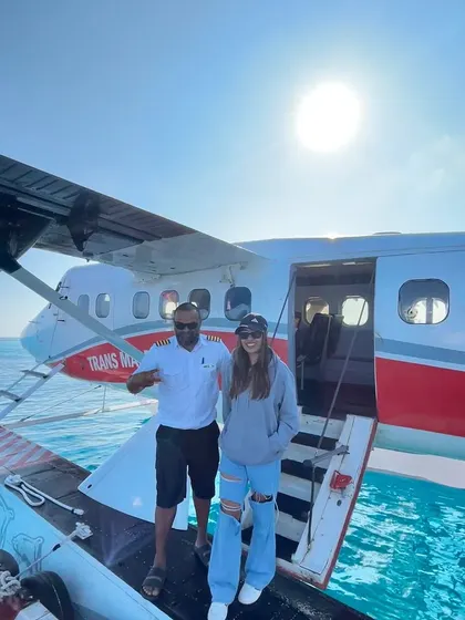 Another shot with the seaplane crew, highlighting the unique travel experiences that come with being a destination DJ.