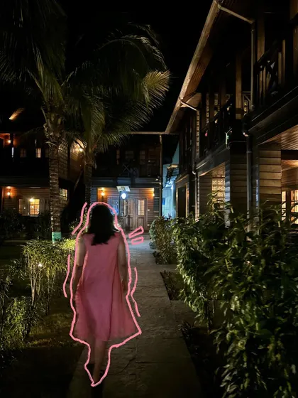 A night walk through the resort, with a pink outline to give it a mysterious, dreamy feel.