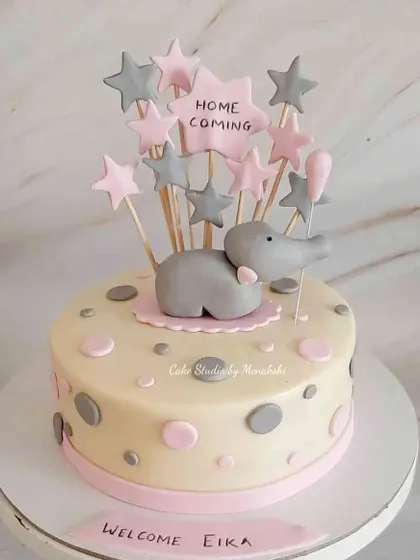 A sweet "Welcome Home" cake for a new baby. This design features a cute elephant and a burst of pink and grey stars.