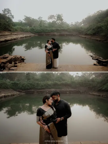 A collage capturing the serene romance of Ushas and Brian by a temple pond. The tranquil water and misty background create a truly divine atmosphere for a pre-wedding film.