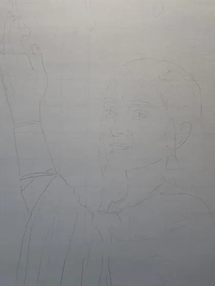 The very first step of any portrait: a light, clean grid and outline to ensure the proportions are accurate.
