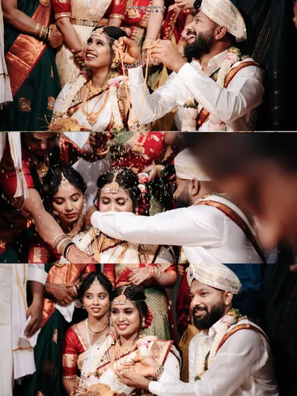 A collage of important rituals from Sumitha and Navjyoth's wedding ceremony, capturing the sequence of events and the emotions involved.