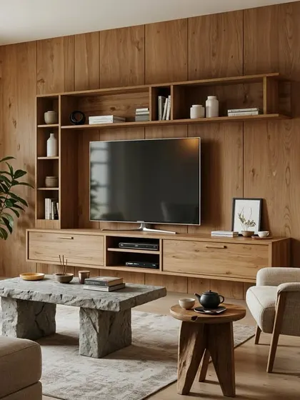A Japandi living room with a full wood-paneled wall and a floating media unit. The stone coffee table adds a rugged, natural element, creating a beautiful contrast of textures.