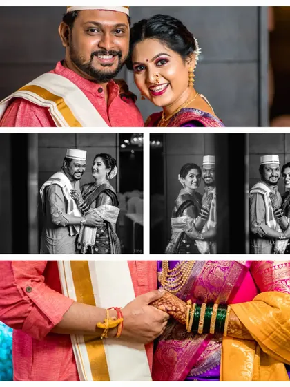 A collage of couple portraits and detail shots, blending posed smiles with the symbolic gesture of holding hands.