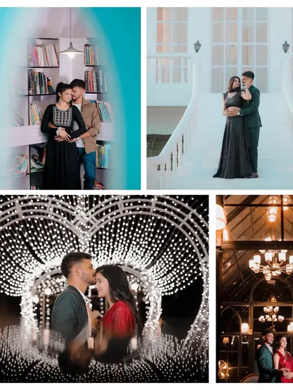 This collage demonstrates the range of romantic setups I offer, from a cozy library and a grand white staircase to a heart-shaped tunnel of lights and a classic glasshouse.
