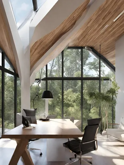 With its vaulted wooden ceilings and floor-to-ceiling windows, this office feels like a sanctuary. I designed it to be a space for undisturbed productivity, where the connection to the outdoors enhances creativity and focus.