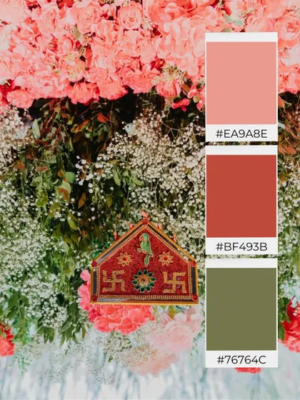 The color palette that inspired a beautiful pastel event, featuring shades of soft pink, terracotta red, and sage green, shown against a backdrop of delicate florals.